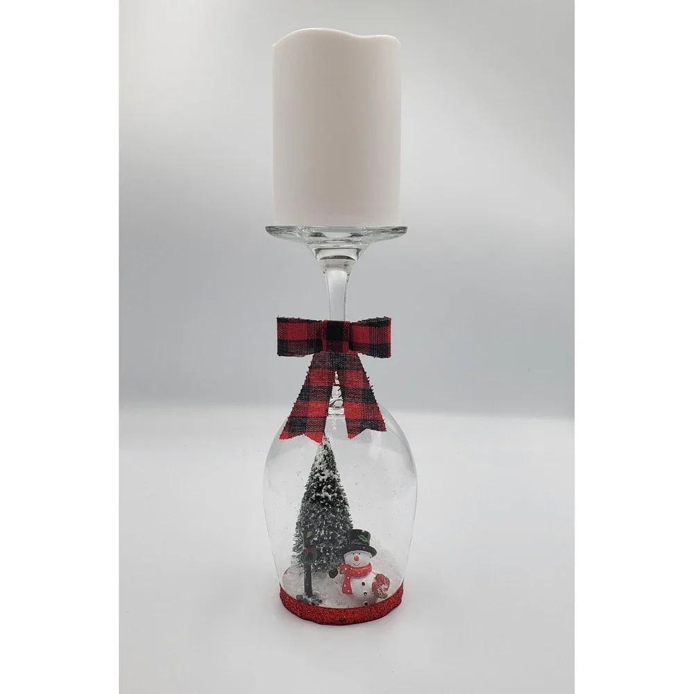 Homemade Snowman Tree Wine Glass Candle Holder W/ Battery Operated Candle‎ Decor